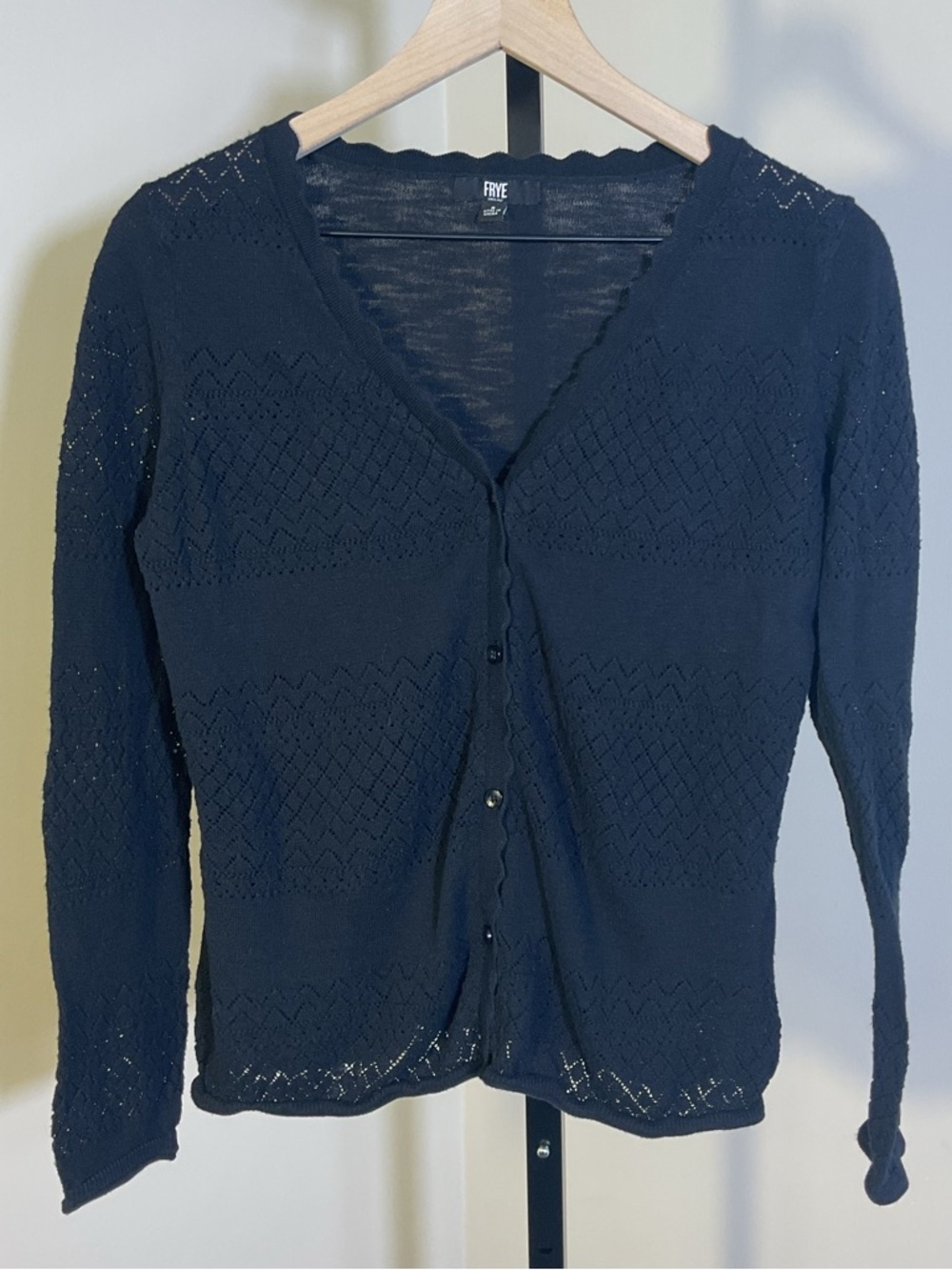 Frye Cardigan Sweater Women S Black Pointelle Knit Button Front Cotton